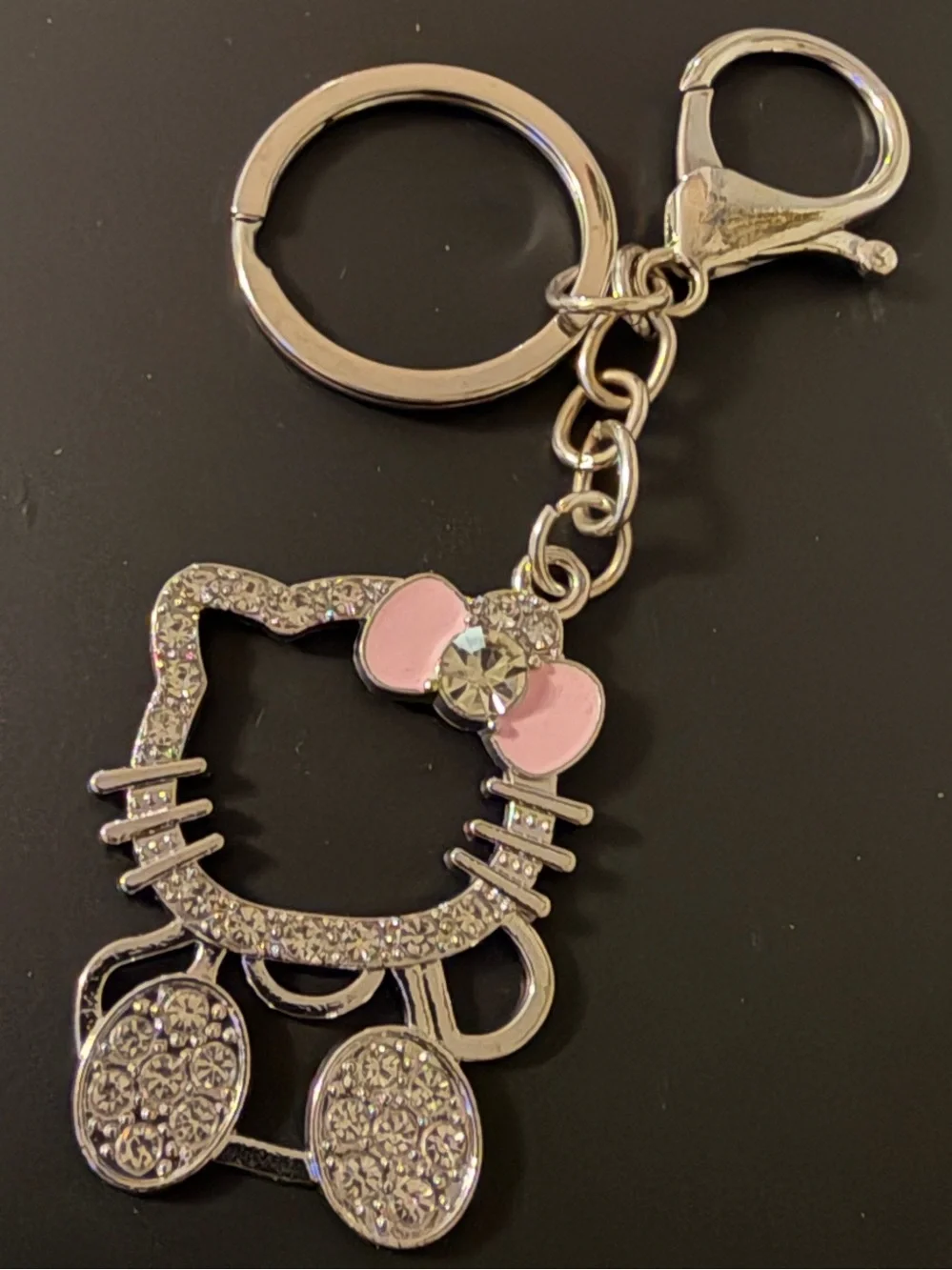 Silver Crystal HELLO KITTY Keychain with Pink Bow